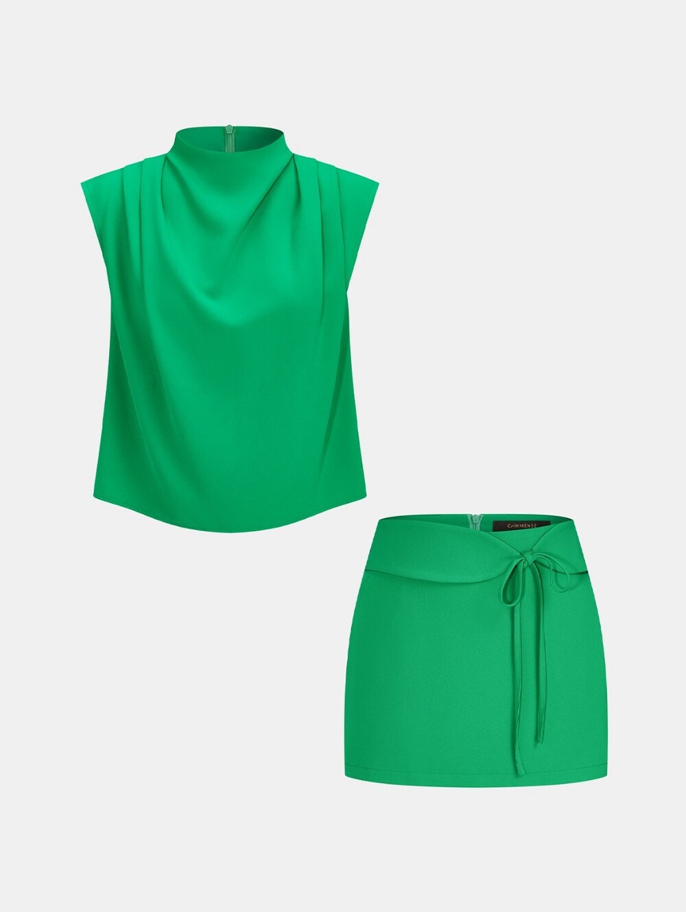 BNWT COMMENSE Draped Mock Neck Blouse & Tie-Waist Mini Skirt Set Size Small - Picture 2 of 4